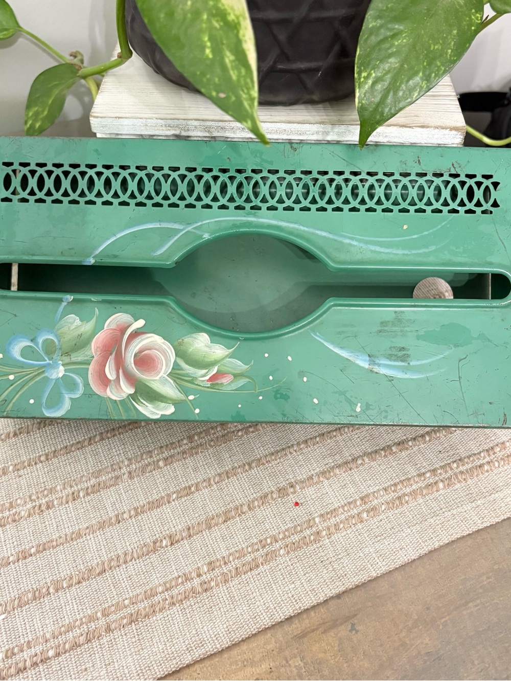 Toleware Vintage Chrome & Foliage Green Floral Hand Painted Tole Metal Holder